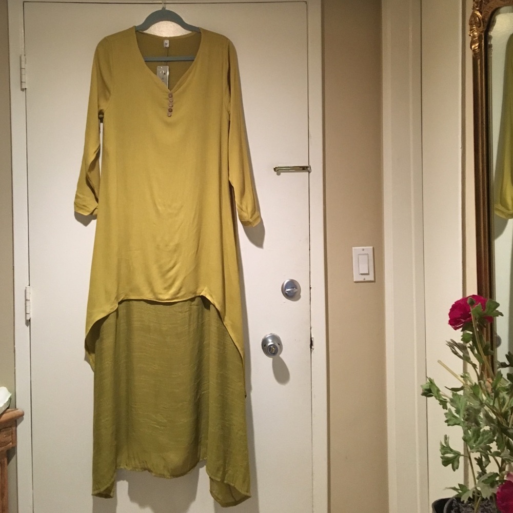 Lagenlook Chartreuse Green Astmmetrical Dress XL